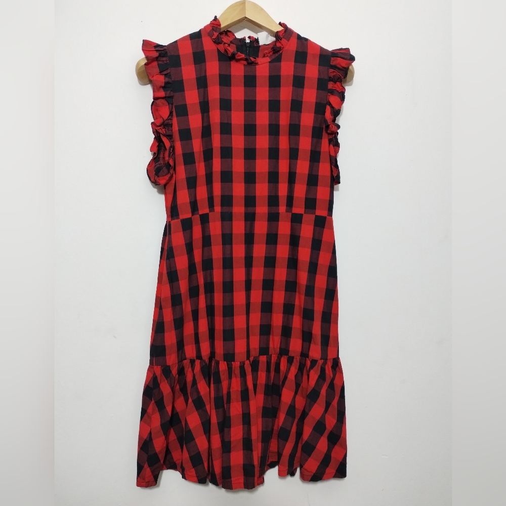Vetiver Free People Buffalo Plaid Drop Waist Dress Women's 6 Poppy - Picture 3 of 5